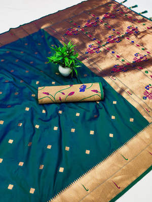 PANZORA Woven Paithani Cotton Silk Saree(Green)