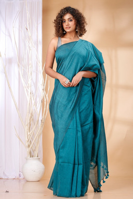 HouseOfCommon Solid/Plain Handloom Cotton Blend Saree(Light Blue)