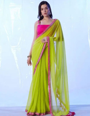 BK COLLECTION Solid/Plain Bollywood Georgette Saree(Yellow)