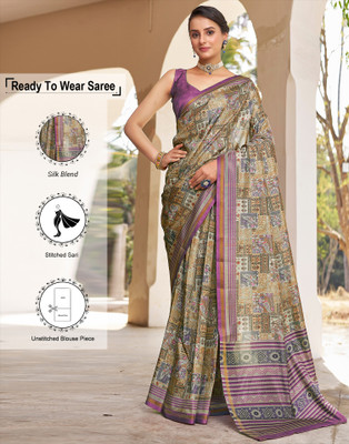 Samah Geometric Print, Printed Bollywood Silk Blend Saree(Mustard, Multicolor)