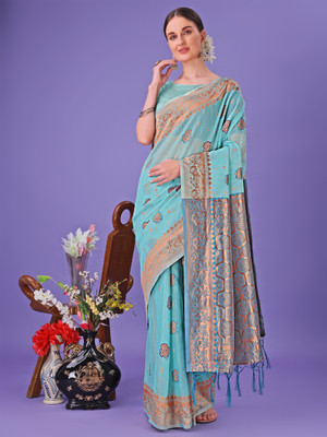 Divastri Woven Banarasi Cotton Linen Saree(Blue)
