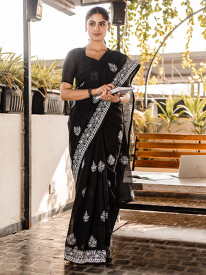 Divastri Woven Daily Wear Cotton Blend Saree(Black)