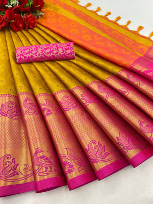 KanjiQueen Woven Narayanpet Pure Silk, Cotton Silk Saree(Gold, Brown)