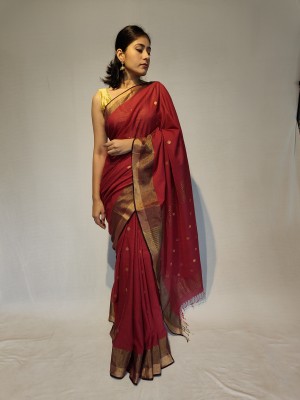 SHREE AARYODAY HANDLOOM Solid/Plain Maheshwari Cotton Blend Saree(Red)