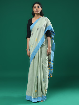 Indethnic Woven Jamdani Pure Cotton Saree(Green)
