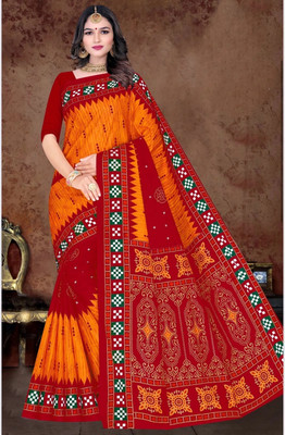 Sumit Textiles Digital Print Sambalpuri Cotton Blend Saree(Yellow, Red)