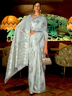 Sareemall Woven Banarasi Silk Blend Saree(Light Blue)