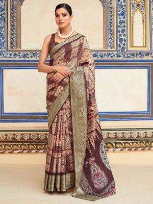 ANOUK Printed Paithani Silk Blend Saree(Brown)