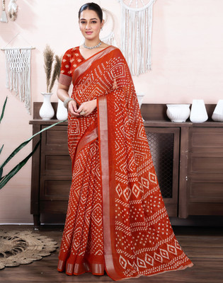 Samah Embellished, Printed Bandhani Linen, Cotton Blend Saree(Orange)