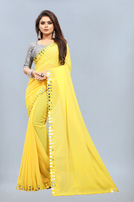 Laddu creation Self Design, Solid/Plain Bollywood Georgette, Silk Blend Saree(Yellow)
