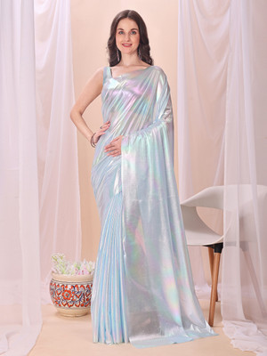 HouseOfCommon Solid/Plain Bollywood Lycra Blend Saree(White)