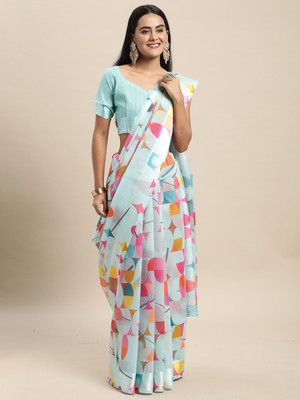 Divastri Printed Chanderi Linen Saree(Light Green)