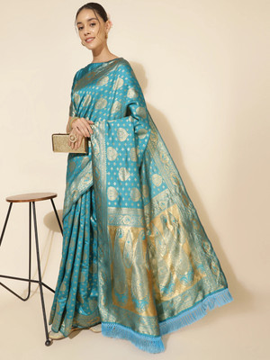 Janasya Woven, Self Design Banarasi Silk Blend Saree(Blue)