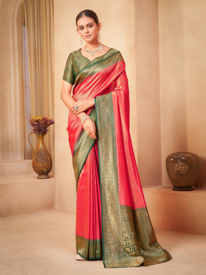 Sariya Woven Kanjivaram Jacquard, Pure Silk Saree(Pink, Green)