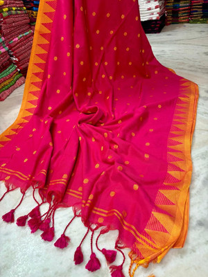 HouseOfCommon Temple Border Handloom Cotton Linen Saree(Black)