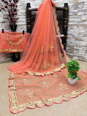 Radheradhey Embroidered, Floral Print Bollywood Net Saree(Orange)