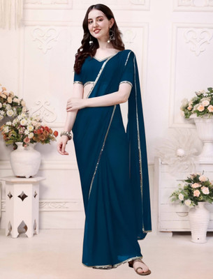 Avishafab Solid/Plain Bollywood Georgette Saree(Light Blue)