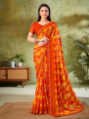 Divastri Floral Print, Geometric Print, Digital Print, Printed Bollywood Chiffon Saree(Orange)