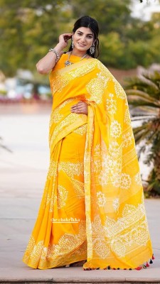 Gansai Enterprises Floral Print Handloom Handloom Cotton Linen Saree(Yellow)