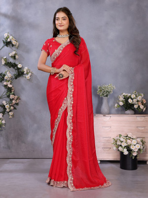 HouseOfCommon Solid/Plain Bollywood Chiffon Saree(Red)