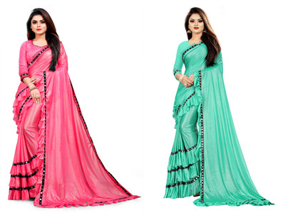 Fashion Field Self Design Bollywood Lycra Blend Saree(Pack of 2, Pink, Blue)