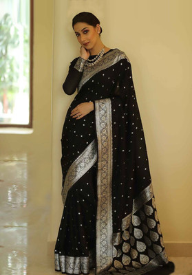Anajaneya Sarees Woven Chanderi Cotton Silk Saree(Black)