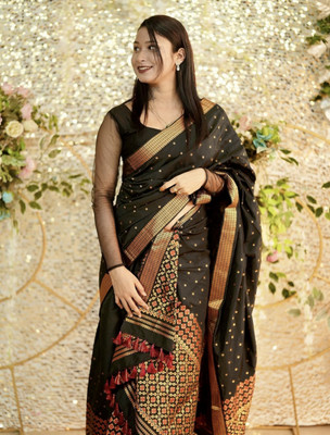 Bhagwati Woven, Self Design Mekhela Chador Polyester Saree(Black)