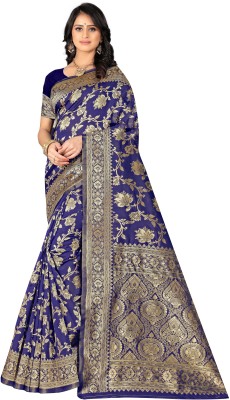 AMK FASHION Self Design, Woven, Embellished, Floral Print, Solid/Plain Banarasi Silk Blend, Jacquard Saree(Dark Blue)