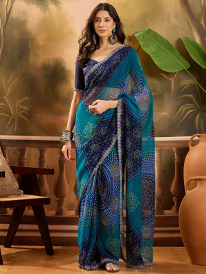 Divastri Printed Bandhani Georgette Saree(Blue)