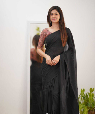 ACHOL Solid/Plain Handloom Cotton Blend Saree(Black)