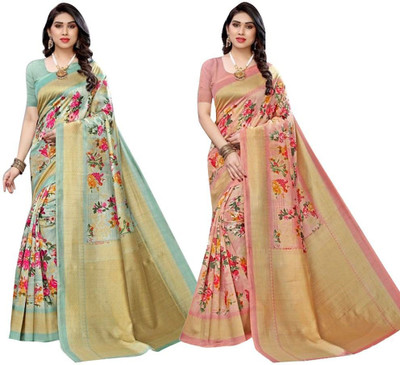 Grubstaker Floral Print Bollywood Art Silk Saree(Pack of 2, Light Blue, Pink)