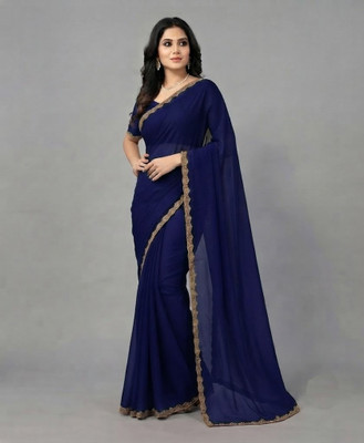 KV Fashion Solid/Plain Bollywood Silk Blend Saree(Dark Blue)