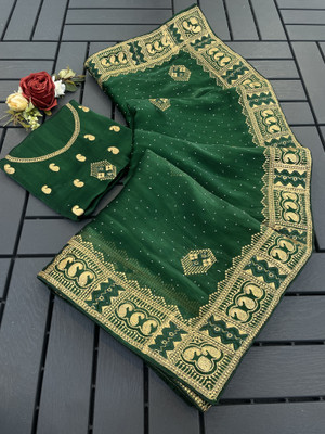 Mikhushop Embroidered Bollywood Chanderi Saree(Green)