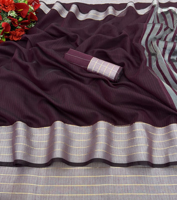 Vikash fab Solid/Plain Kasavu Cotton Linen Saree(Purple)