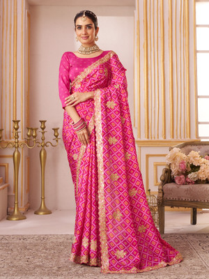Laxmipati sarees Embroidered Saree with Attached Blouse Silk Blend Saree(Pink)
