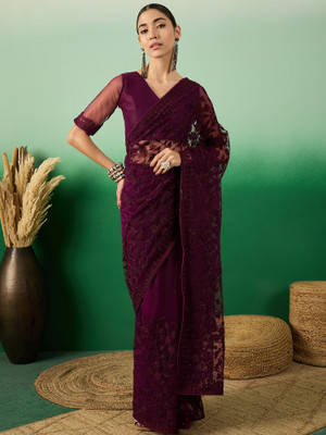 HERE&NOW Solid/Plain Banarasi Net Saree(Maroon)