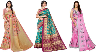 ANIRAV Woven Bollywood Art Silk Saree(Pack of 3, Pink, Blue)