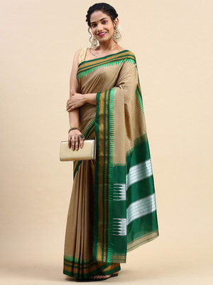 ITARA Color Block Handloom Handloom Cotton Blend Saree(Brown)