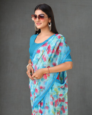 AMBUJAINTERNATIONAL Printed Bollywood Chiffon Saree(Light Blue)
