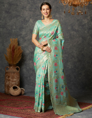 Samah Dyed, Self Design, Woven Banarasi Silk Blend Saree(Light Green, Gold)
