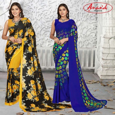 Anand Sarees Floral Print, Printed Daily Wear Georgette Saree(Pack of 2, Yellow, Multicolor)