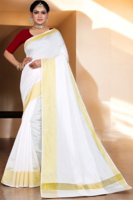 THE52 Solid/Plain Kasavu Cotton Silk Saree(White, Maroon)