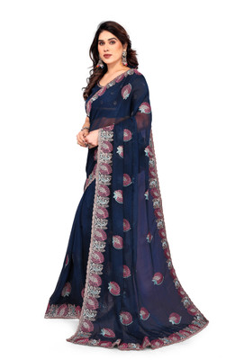 SHUBHDRASHTI NX Embroidered Bollywood Silk Blend Saree(Dark Blue)