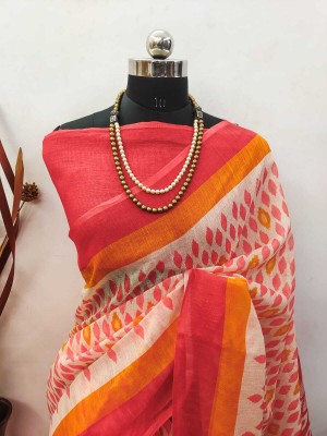 Kuwarika Striped, Printed Kanjivaram Linen, Cotton Linen Saree(Orange, Red)