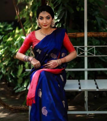 Rudr Venture Printed Banarasi Cotton Silk Saree(Blue)