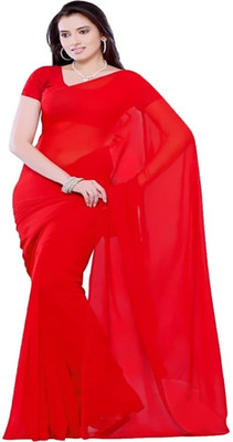 HouseOfCommon Solid/Plain Bollywood Georgette Saree(Red)