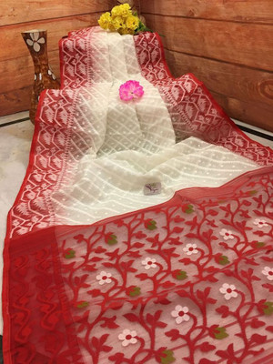 binita Self Design Jamdani Cotton Silk Saree(Red)