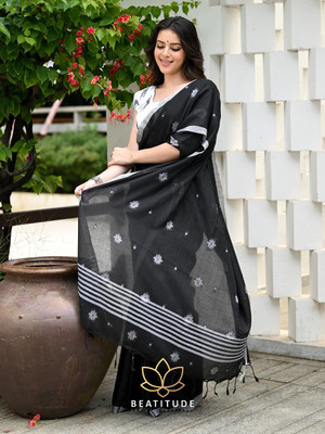 sourav biswas Woven Handloom Pure Cotton Saree(Black)
