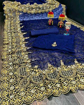 MIYANIFAB Printed, Embroidered Bollywood Net Saree(Blue)