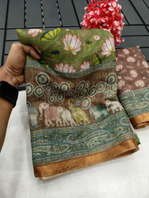 DEVICE of NT Printed, Woven Kanjivaram Pure Cotton, Cotton Linen Saree(Green)